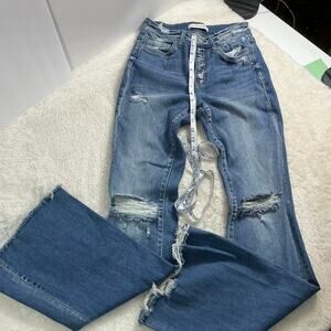 Flying Monkey High Rise Button Fly Flare Jeans Distressed Raw Hem Size 26 Y2K